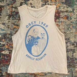 Obey Cream and Blue Graphic Tank Top